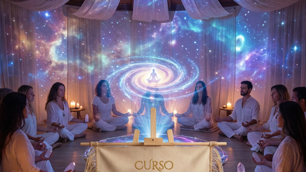 People in white meditating in a cosmic room. Text: CURSO SEMENTE ESTELAR ESSÊNCIA ESPIRITUAL CÓSMICA.